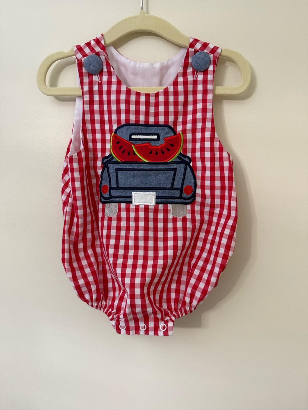 Red Gingham Baby Romper with Watermelon Truck Applique